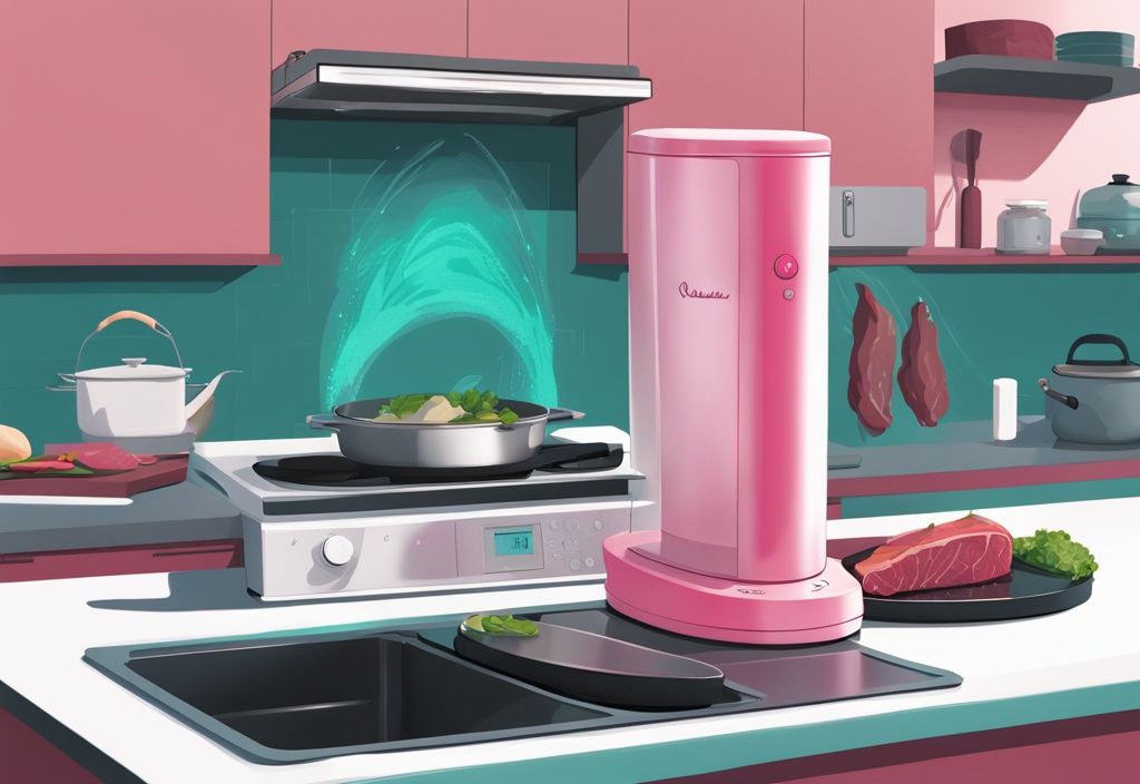 Modern kitchen with Nomiku sous vide immersion circulator, teal-pink theme, pot of water on stove, vacuum-sealed steak being lowered.